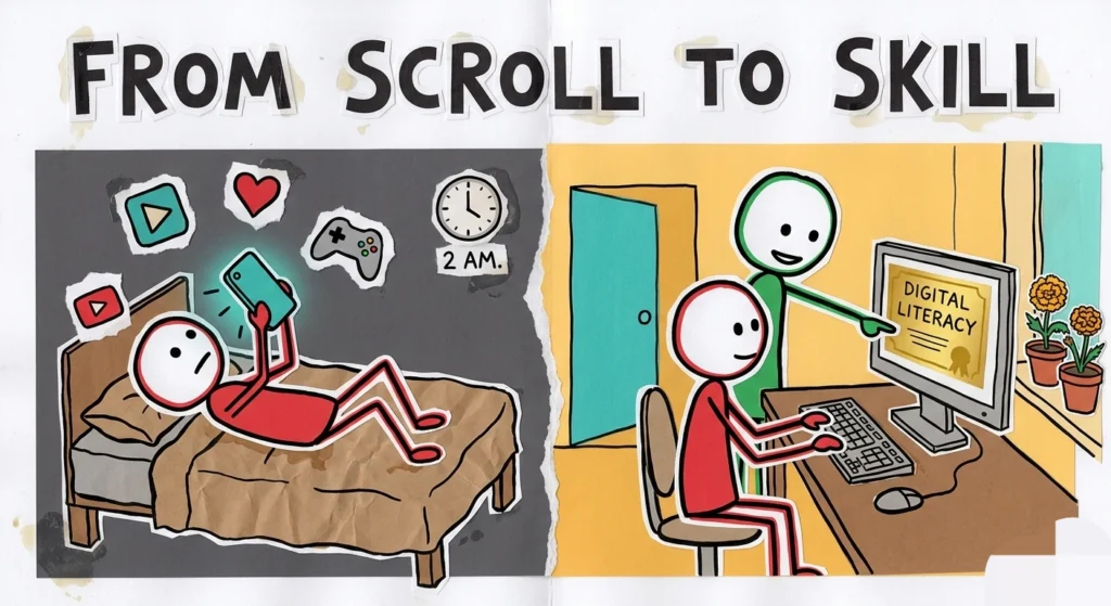 A student moves from phone addiction and endless scrolling to learning real digital skills on a computer.