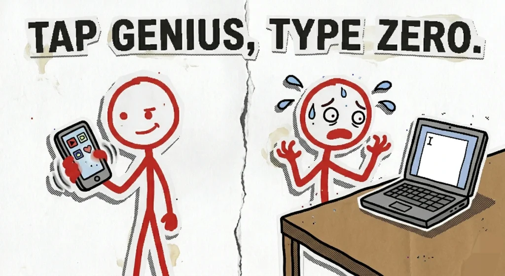 A child confidently uses a smartphone but struggles to type on a laptop keyboard.