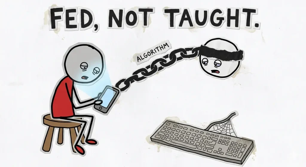 A student trapped by social media algorithms while real learning tools remain unused.