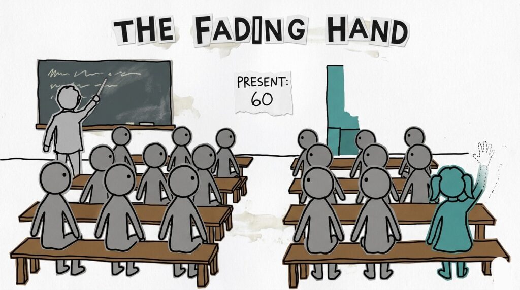 A classroom scene showing one girl raising her hand while others sit silently.