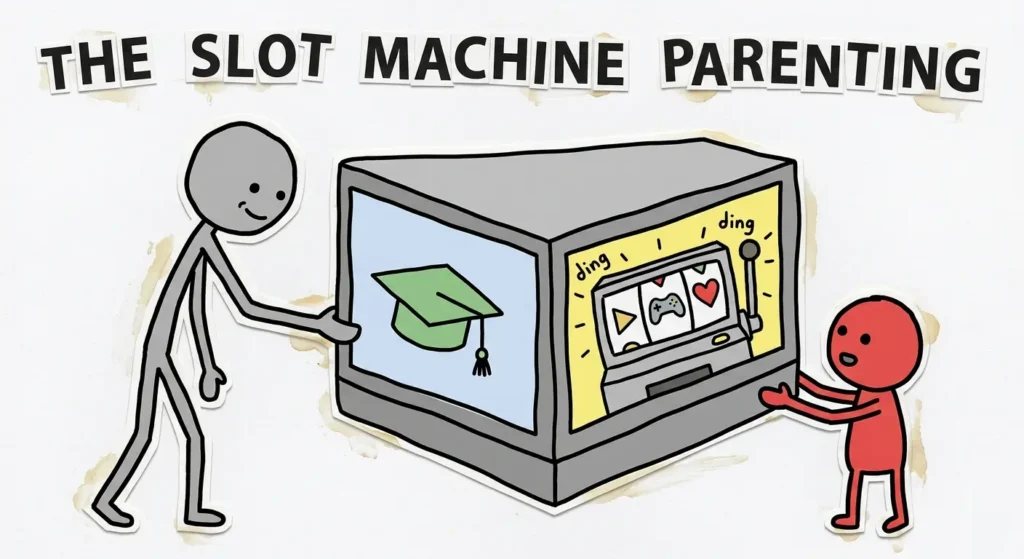 Parent handing a digital slot machine to a child representing negative screen time effects on children