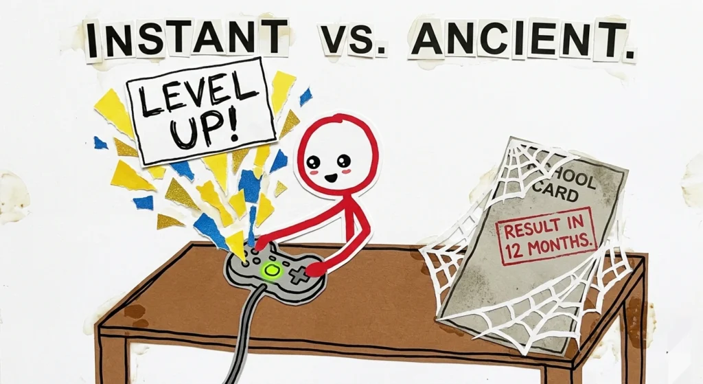 A paper-cutout illustration titled 'INSTANT VS. ANCIENT' showing a happy student getting an instant 'LEVEL UP!' from a video game controller, placed next to a dusty school report card covered in cobwebs that promises a 'RESULT IN 12 MONTHS'.