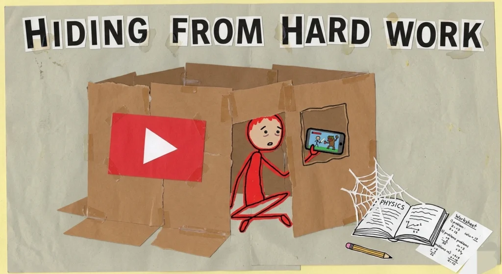 A paper-cutout illustration showing a student hiding inside a cardboard box to watch YouTube and play mobile games, while their physics textbook and math worksheet sit outside ignored and covered in cobwebs under the heading 'HIDING FROM HARD WORK'.