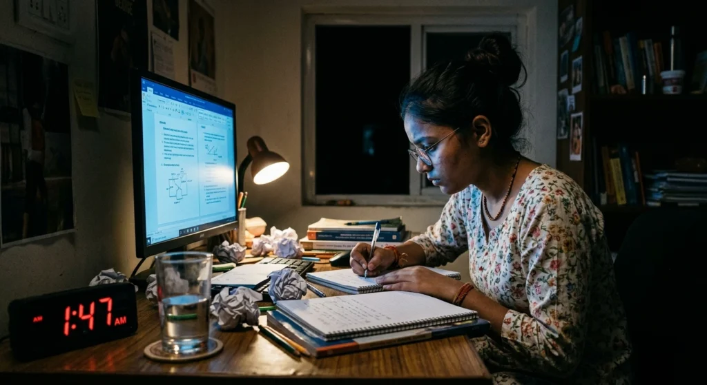 Girl preparing for JEE late at night using digital learning