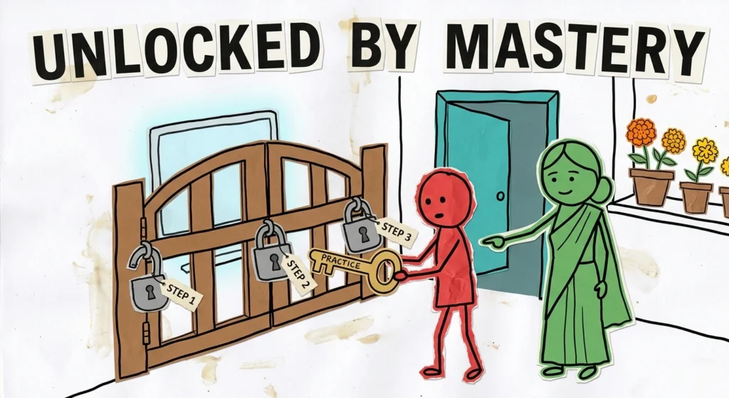A paper-cutout illustration titled 'UNLOCKED BY MASTERY' showing a student using a golden 'PRACTICE' key to open a series of step-by-step padlocks on a gate, guided by an approving local mentor, representing the active problem-solving process.