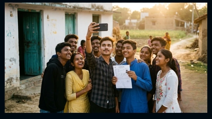Students celebrating JEE success in their village