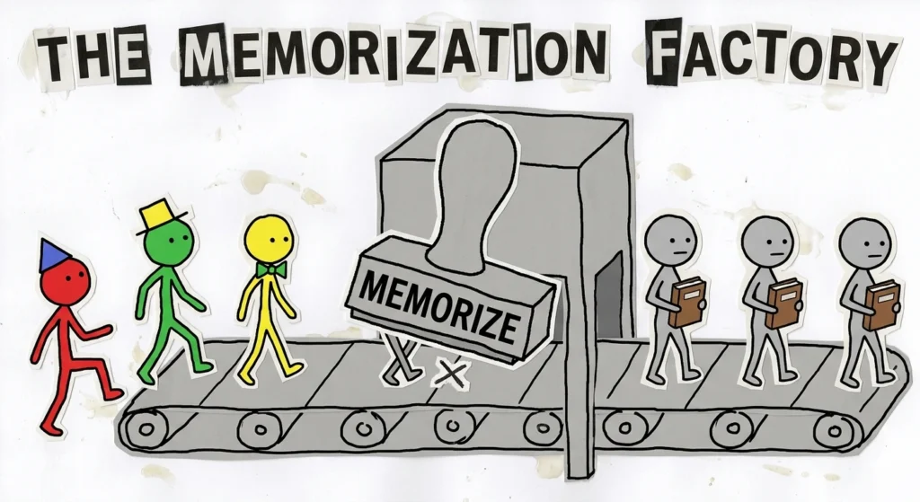 Illustration of the school memorization factory turning creative students into identical test-takers, showing why you need digital confidence to escape the system.