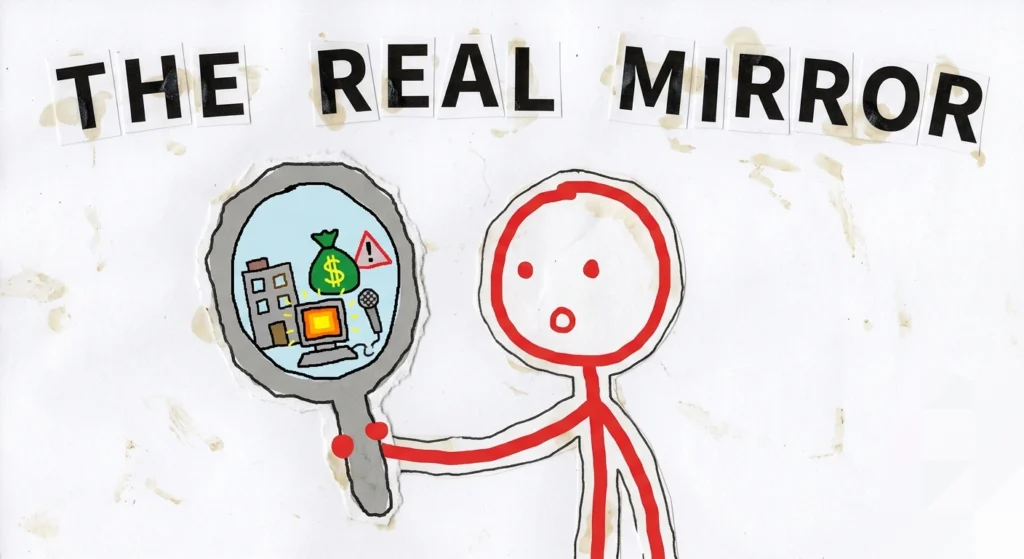 A student using critical thinking as a real mirror to analyze the internet, fake news, and real-world skills, highlighting true digital literacy.