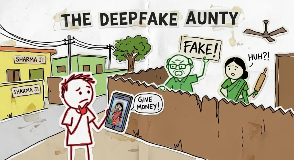 Illustration of a deepfake video scam targeting a student, highlighting the critical need to teach internet safety alongside modern tech.
