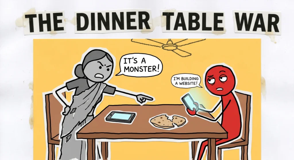 Illustration of the dinner table war where parents misunderstand how students use AI tools to build real digital skills.