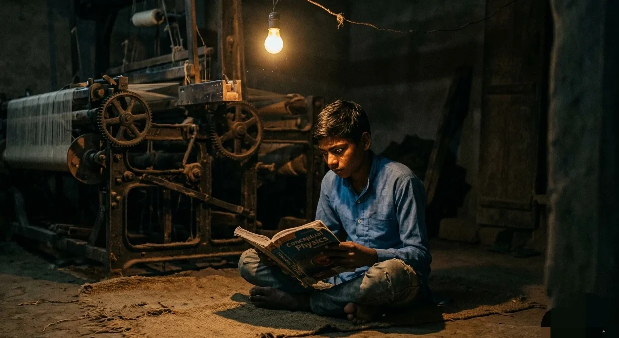 Student studying under a dim light beside a weaving machine in a rural Bihar village.