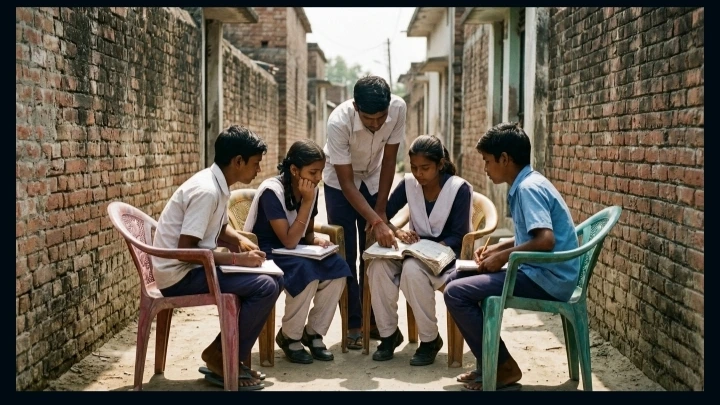 Students participating in a peer-learning study session in a village lane.