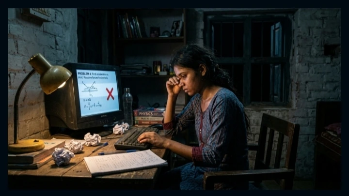 Student solving IIT JEE problems on a computer during late-night self-study.