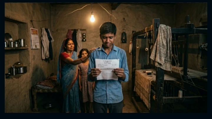Student celebrating IIT JEE Advanced success with family in a weaver community home.