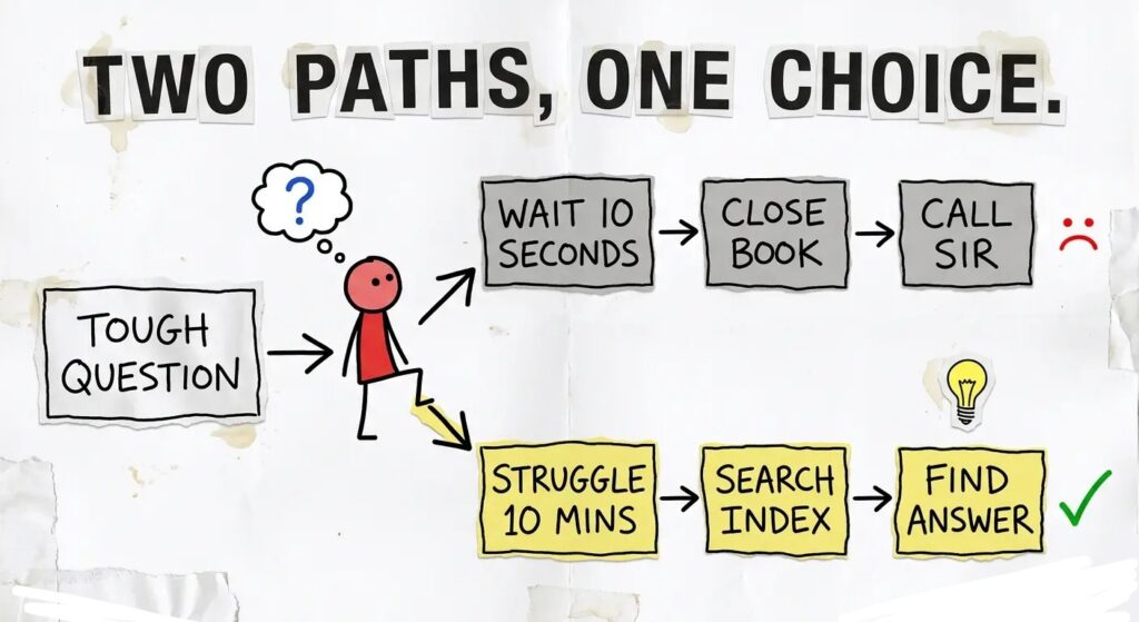 Two learning paths: dependence on help vs self-discovery.