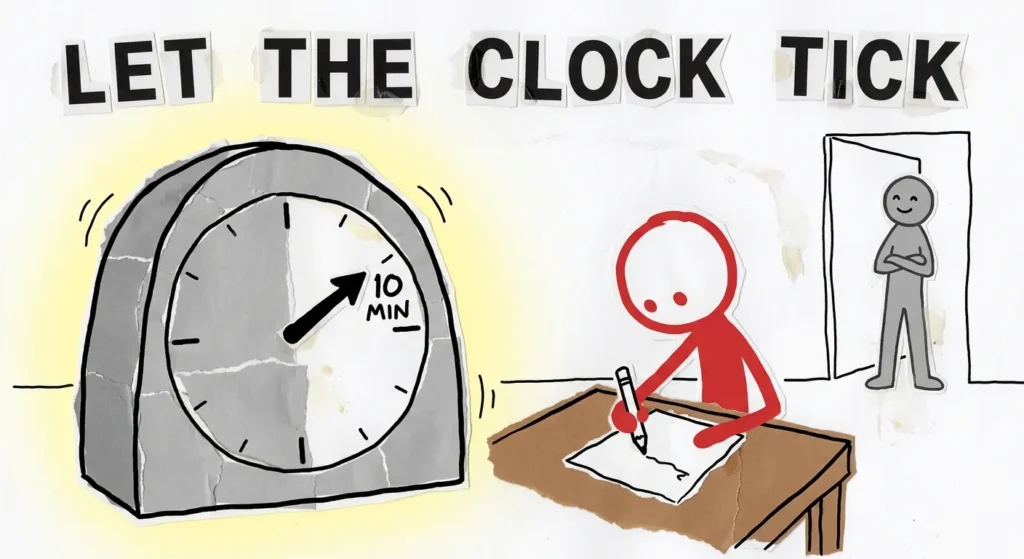 Student working under time pressure while teacher observes.