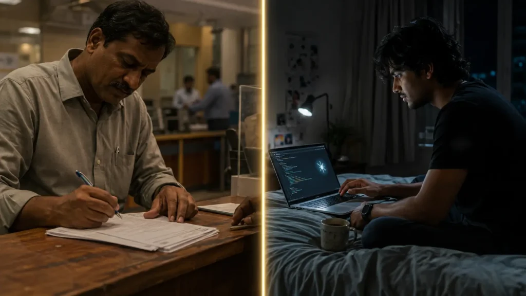 Father signing an education loan next to a developer using AI tools, contrasting traditional degrees with modern campus placement realities.