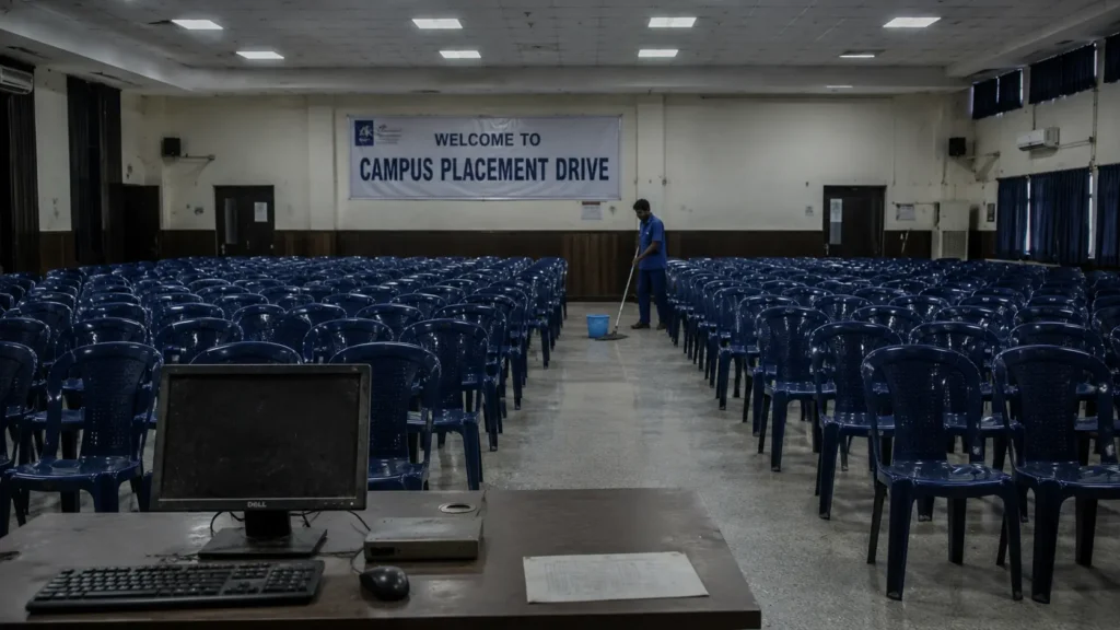 An empty auditorium with a banner reading Welcome to Campus Placement Drive, symbolizing the decline of traditional mass engineering recruitment.