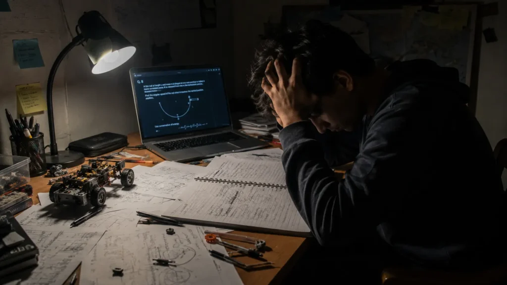 A stressed student studying complex engineering problems late at night, highlighting the gap between textbook learning and practical campus placement skills.