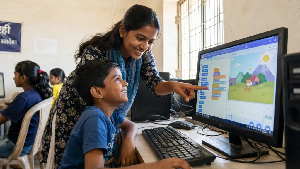 mentor guiding a student's digital learning inside a learning POD