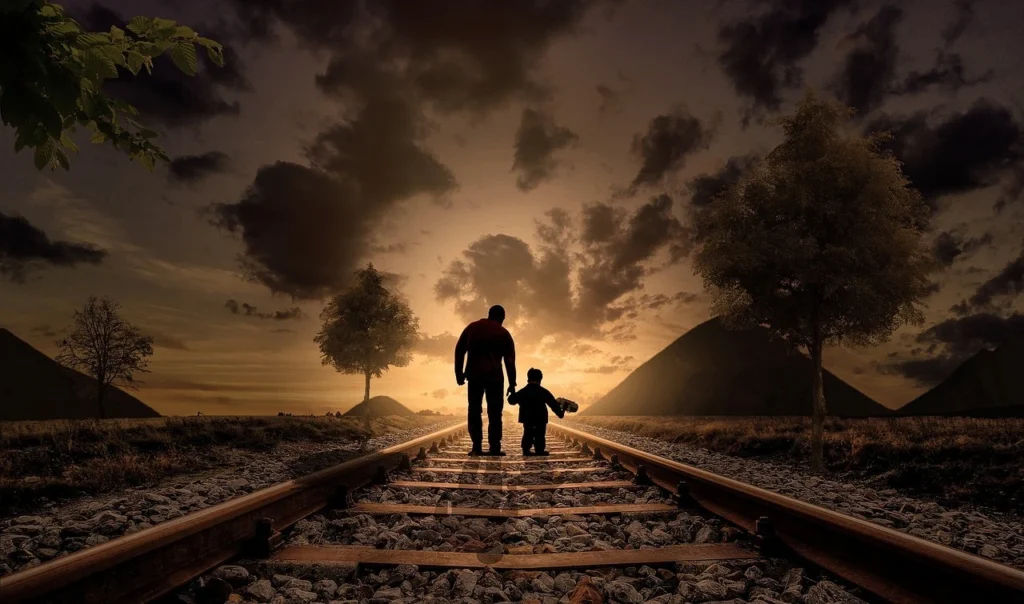 A parent walking hand in hand with a child down a track, symbolizing navigating safe paths in the Indian education system
