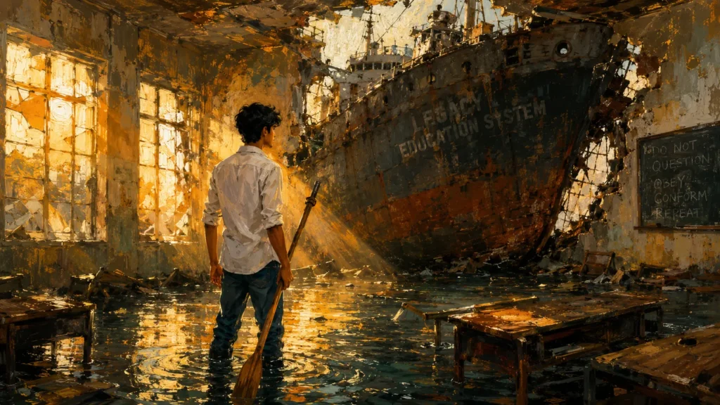 A student standing before a wrecked legacy system cargo ship, symbolizing why the future of Indian education is decentralized.