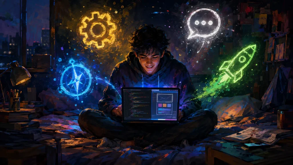 A digital illustration of a smiling young man sitting cross-legged in a dimly lit room, working on a laptop. Glowing neon icons of a blue compass, yellow gear, white chat bubble, and green rocket float in the air around him.