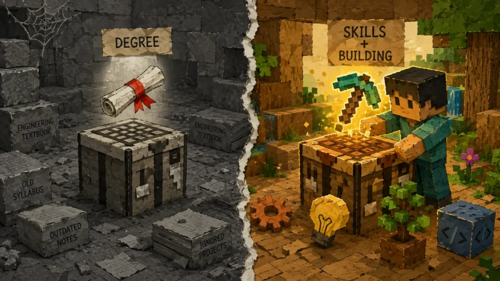 A contrast between a traditional outdated degree and active skill building, highlighting why learning to learn is the most important skill in 2026.