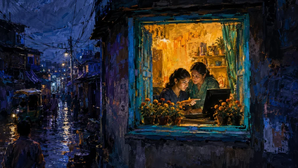 A digital painting of a young woman and an older woman looking at a computer screen together inside a brightly lit room, viewed through an open window from a dark, rainy street.