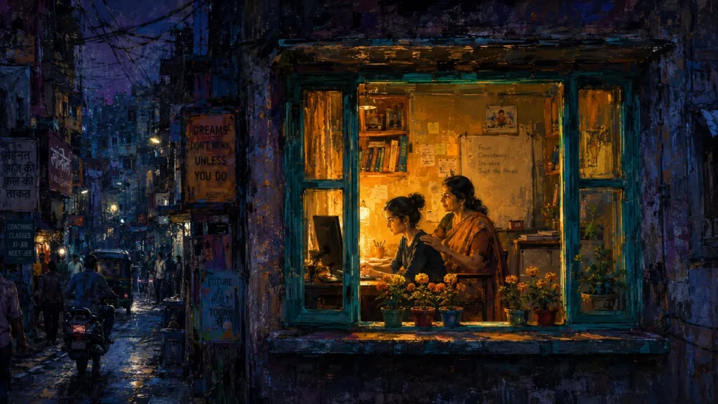 A student working diligently in a supportive, localized learning space, showing that the future of Indian education is decentralized and empathetic.