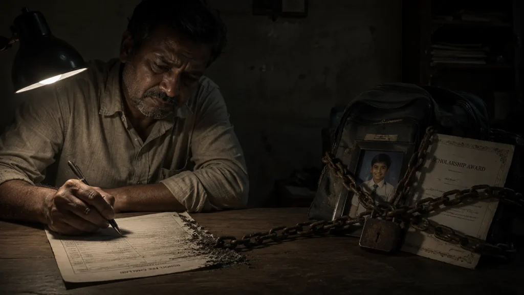 An exhausted father signing a school fee document that is chained to a child's backpack, symbolizing the heavy financial trap of modern education extortion.