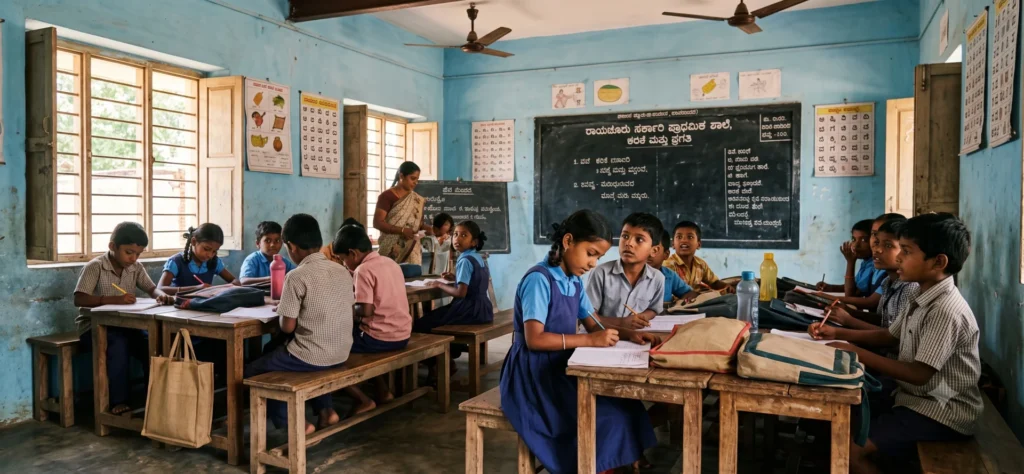 Government primary school in rural Raichur or students in a classroom