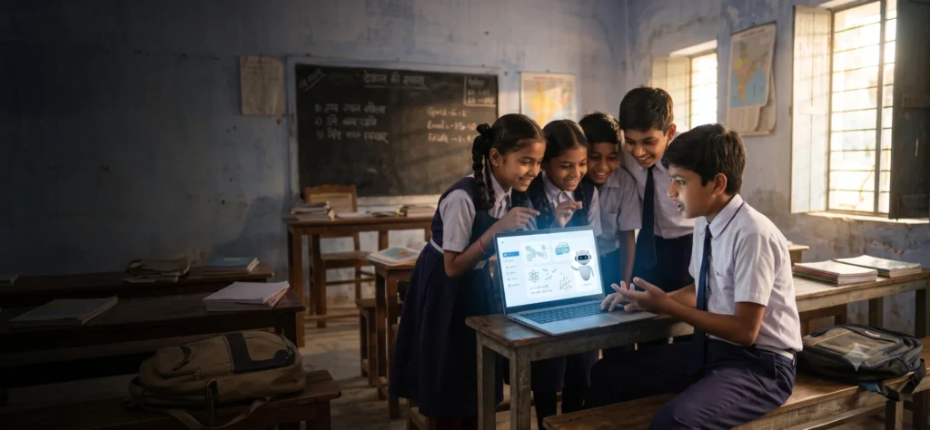 Students using Eklavya AI on a laptop or engaged in digital learning