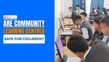 Safe and child-friendly community learning centre with children studying under mentor supervision