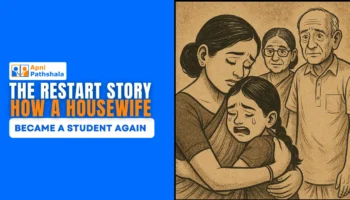 Illustration of a housewife holding her child and elderly parents behind her, representing a woman’s emotional journey before restarting her education.
